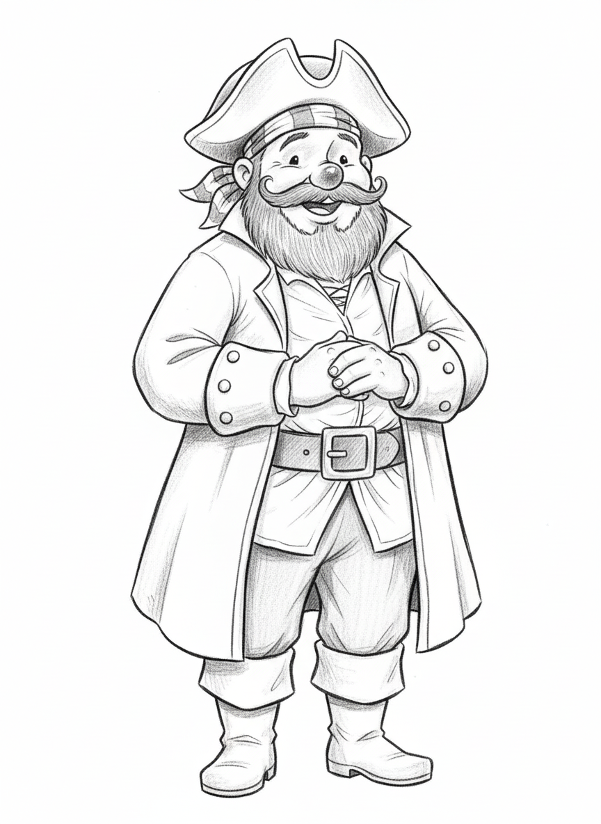 Captain Jolly the Friendly Pirate - Black & White Illustration