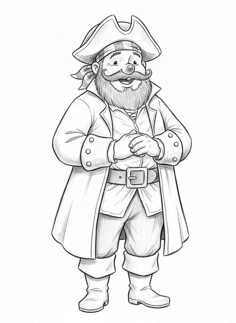 Captain Jolly the Friendly Pirate in Gentle Pencil - Black & White Illustration