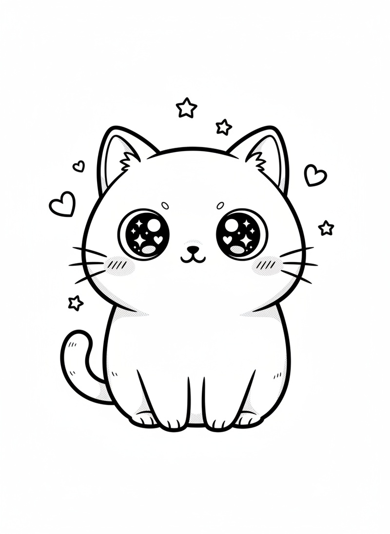 Shadow the Mysterious Black Cat in Kawaii Cute - Black & White Illustration