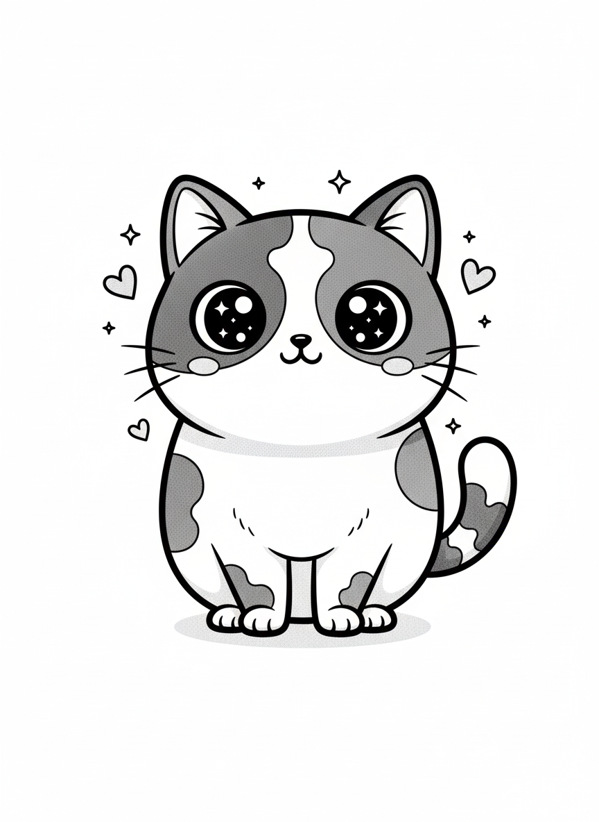 Patches the Playful Calico - Black & White Illustration