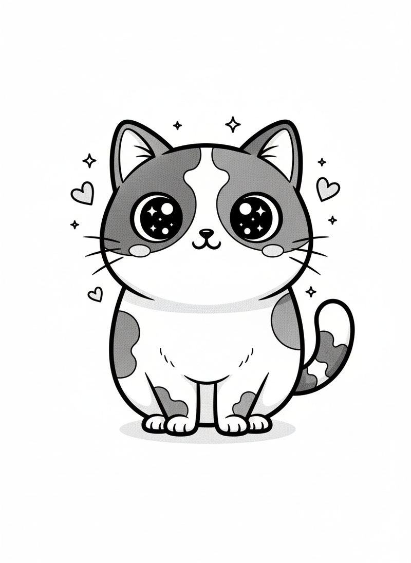 Patches the Playful Calico in Kawaii Cute - Black & White Illustration