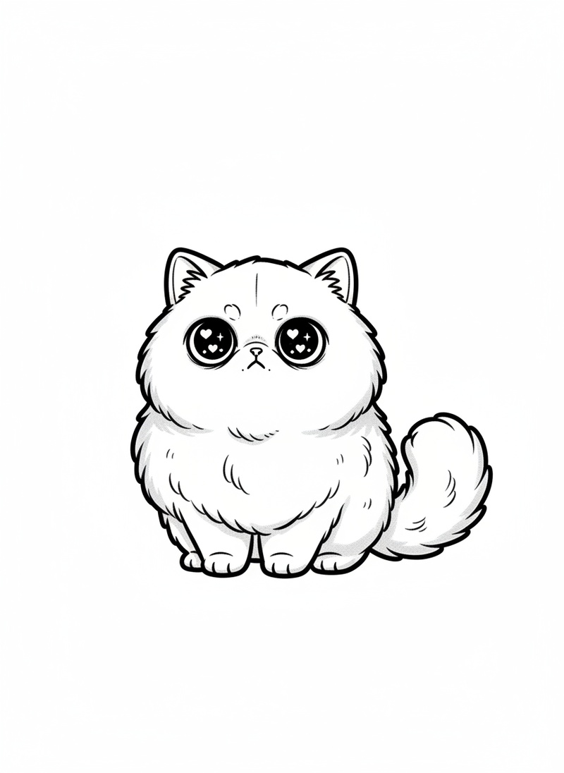 Grumpy the Aloof Persian in Kawaii Cute - Black & White Illustration