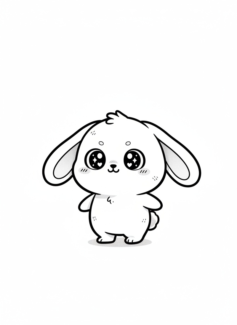 Rusty the Energetic Rabbit in Kawaii Cute - Black & White Illustration