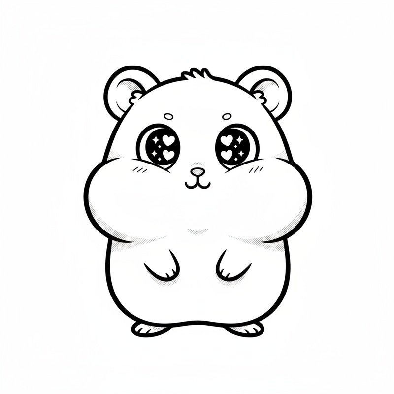 Nibbles the Shy Hamster in Kawaii Cute - Black & White Illustration