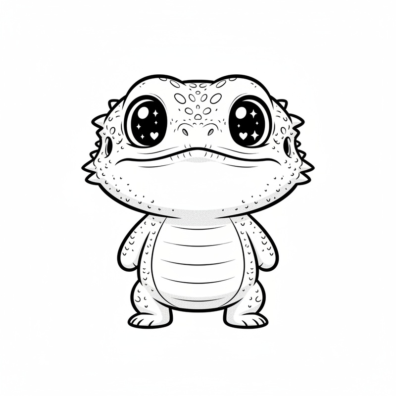 Rex the Bearded Dragon in Kawaii Cute - Black & White Illustration