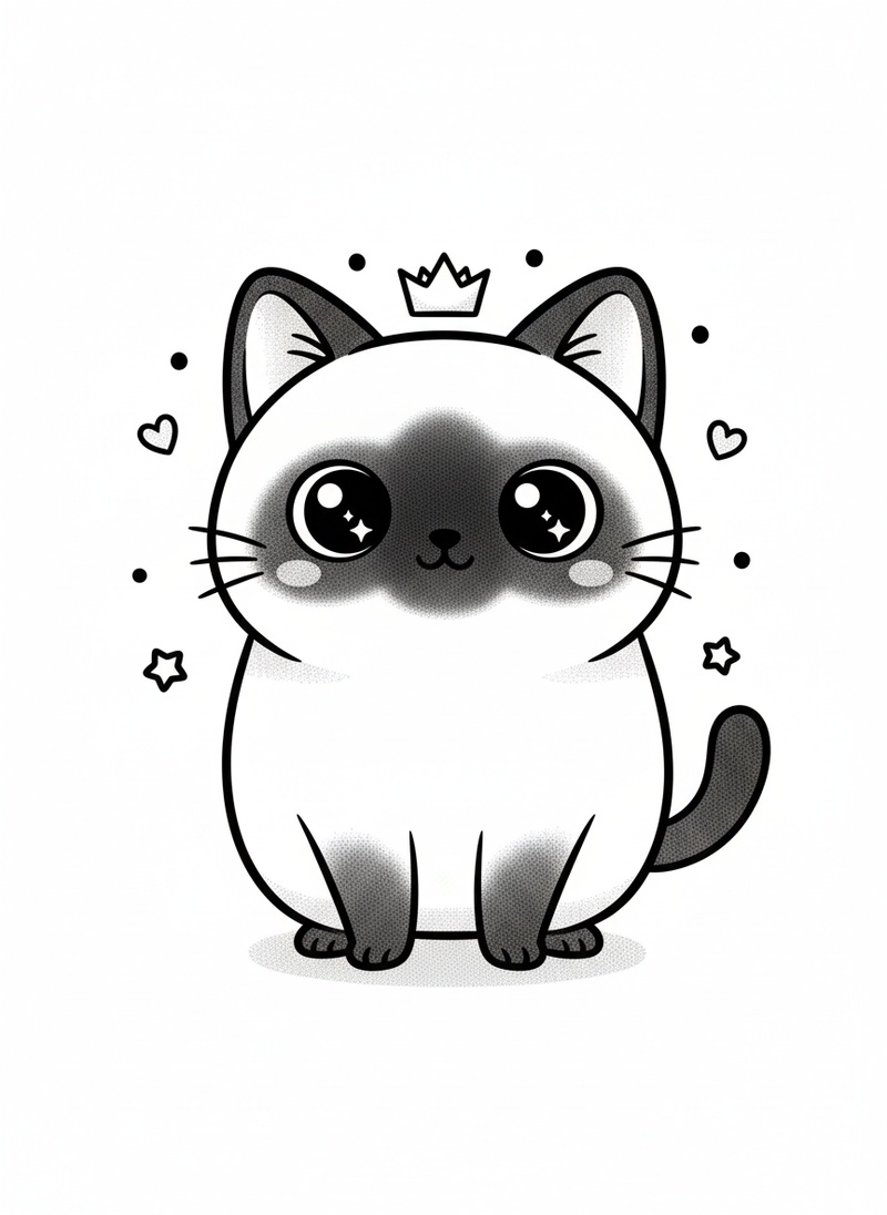 Cleo the Regal Siamese in Kawaii Cute - Black & White Illustration