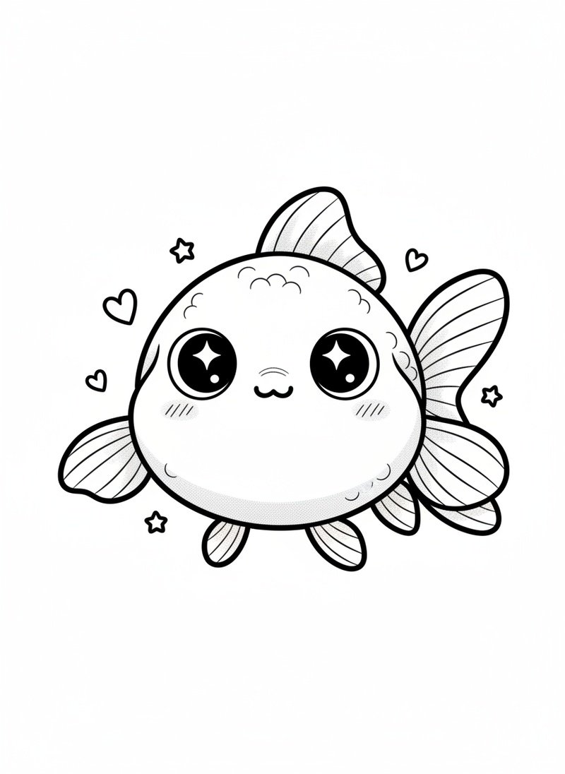 Bubbles the Fancy Goldfish in Kawaii Cute - Black & White Illustration