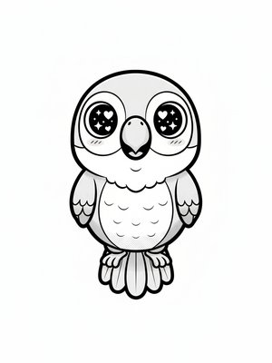 Captain the Chatty Parrot in Kawaii Cute - Black & White Illustration