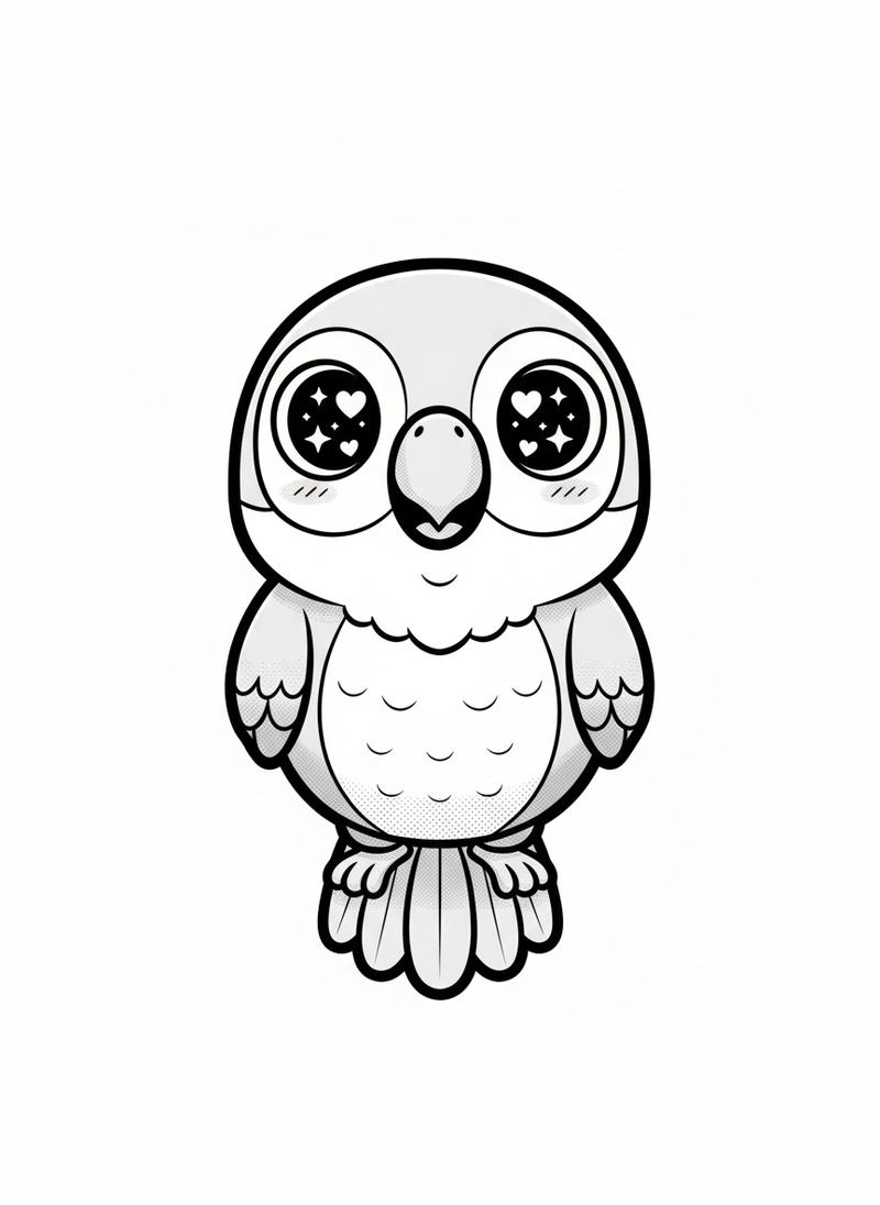 Captain the Chatty Parrot in Kawaii Cute - Black & White Illustration