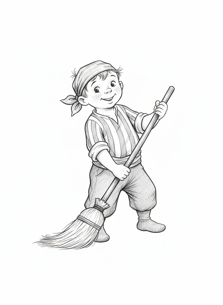 Swabby the Pirate Deckhand - Black & White Illustration