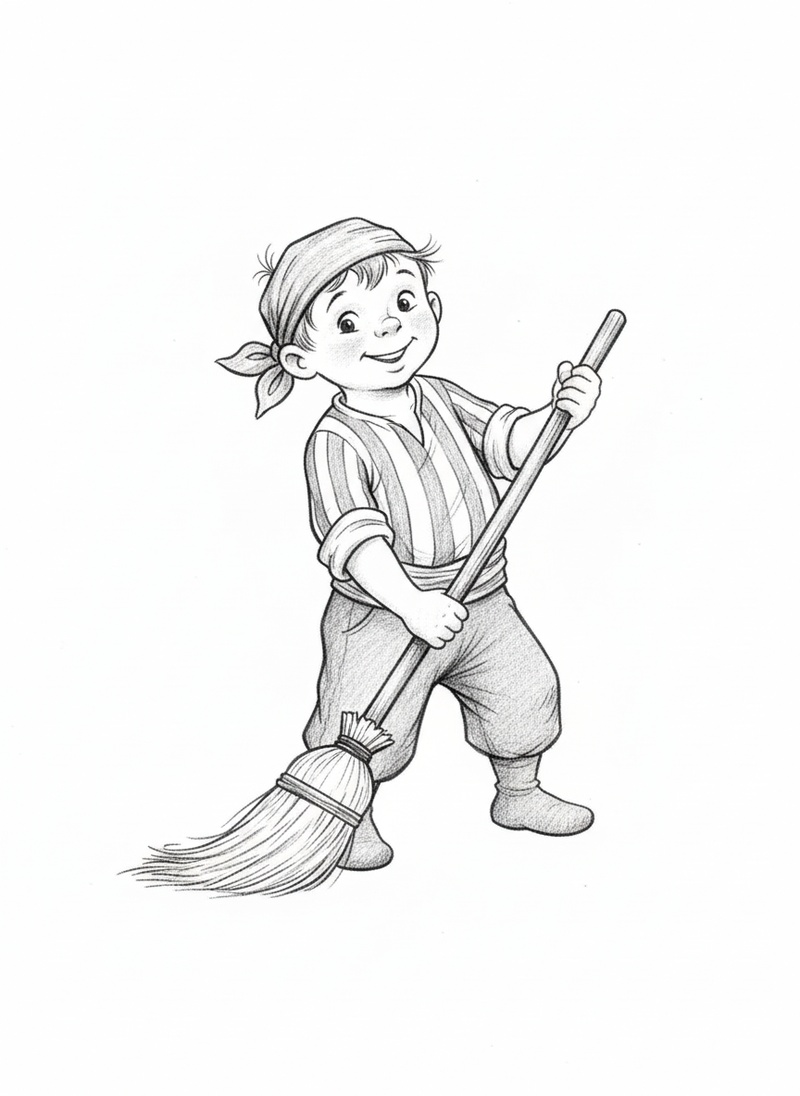 Swabby the Pirate Deckhand in Gentle Pencil - Black & White Illustration
