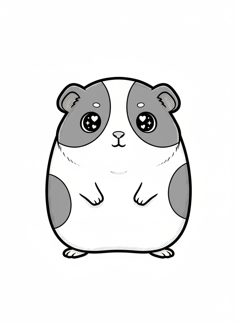 Chomper the Guinea Pig in Kawaii Cute - Black & White Illustration