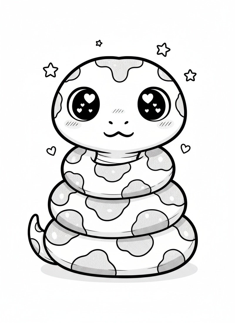 Slither the Corn Snake in Kawaii Cute - Black & White Illustration