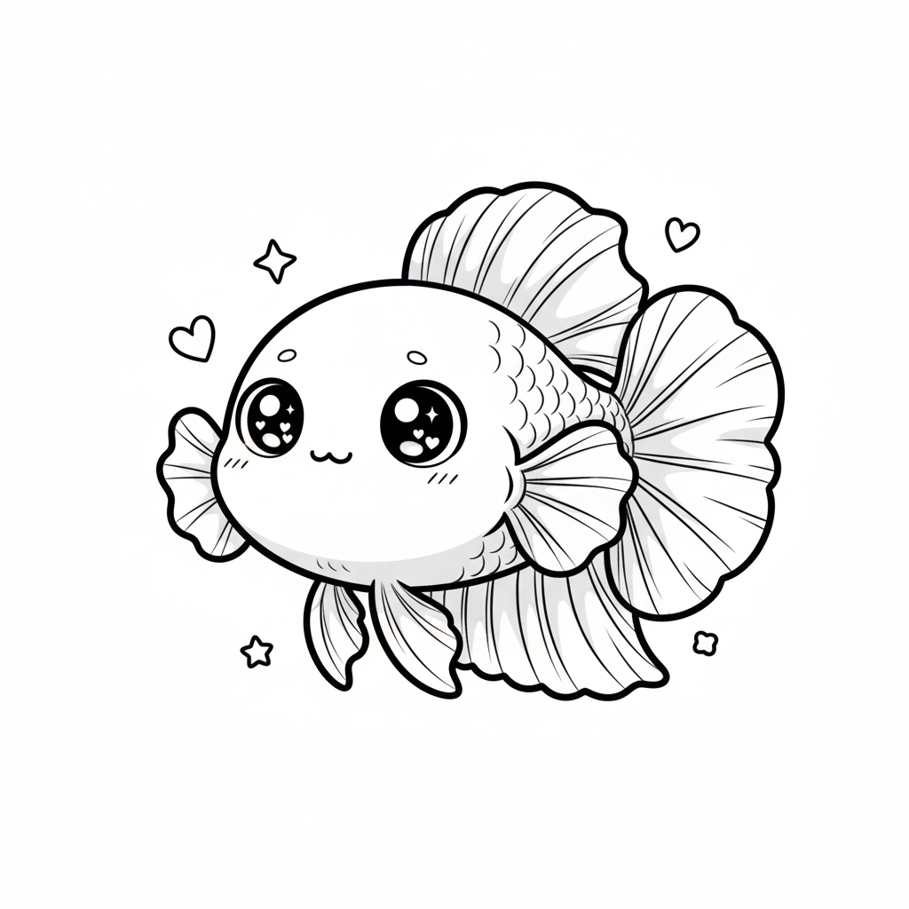 Azul the Colorful Betta Fish - Black & White Illustration