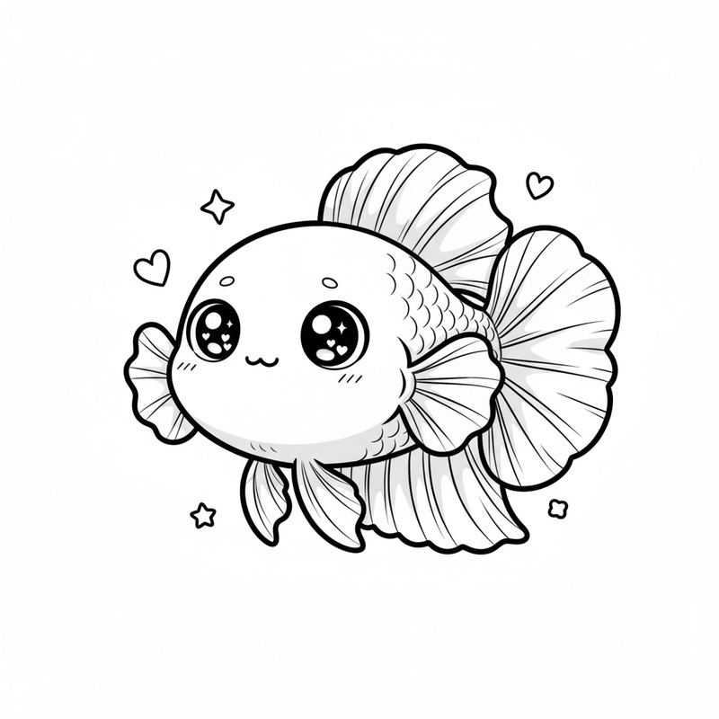 Azul the Colorful Betta Fish in Kawaii Cute - Black & White Illustration