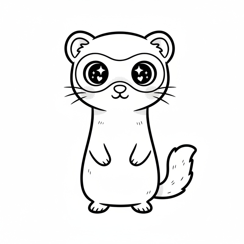 Stripes the Playful Ferret in Kawaii Cute - Black & White Illustration