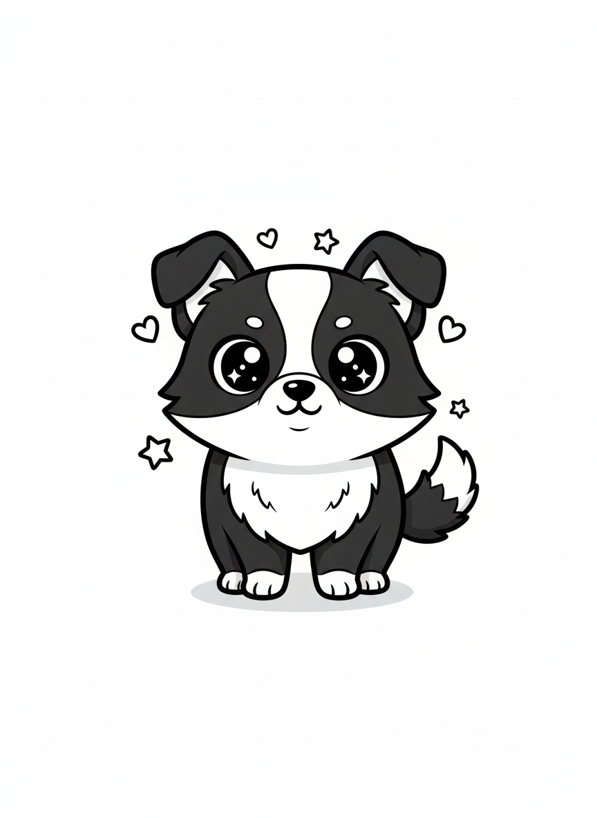 Gizmo the Smart Border Collie - Black & White Illustration