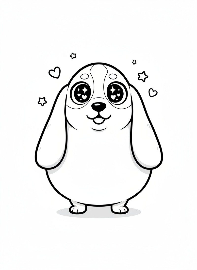 Noodle the Lazy Basset Hound in Kawaii Cute - Black & White Illustration