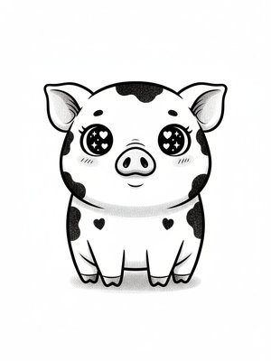 Pepper the Miniature Pig in Kawaii Cute - Black & White Illustration