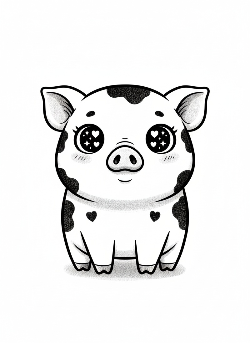 Pepper the Miniature Pig in Kawaii Cute - Black & White Illustration
