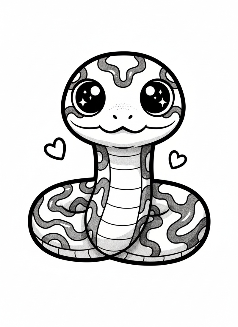 Marble the Ball Python in Kawaii Cute - Black & White Illustration