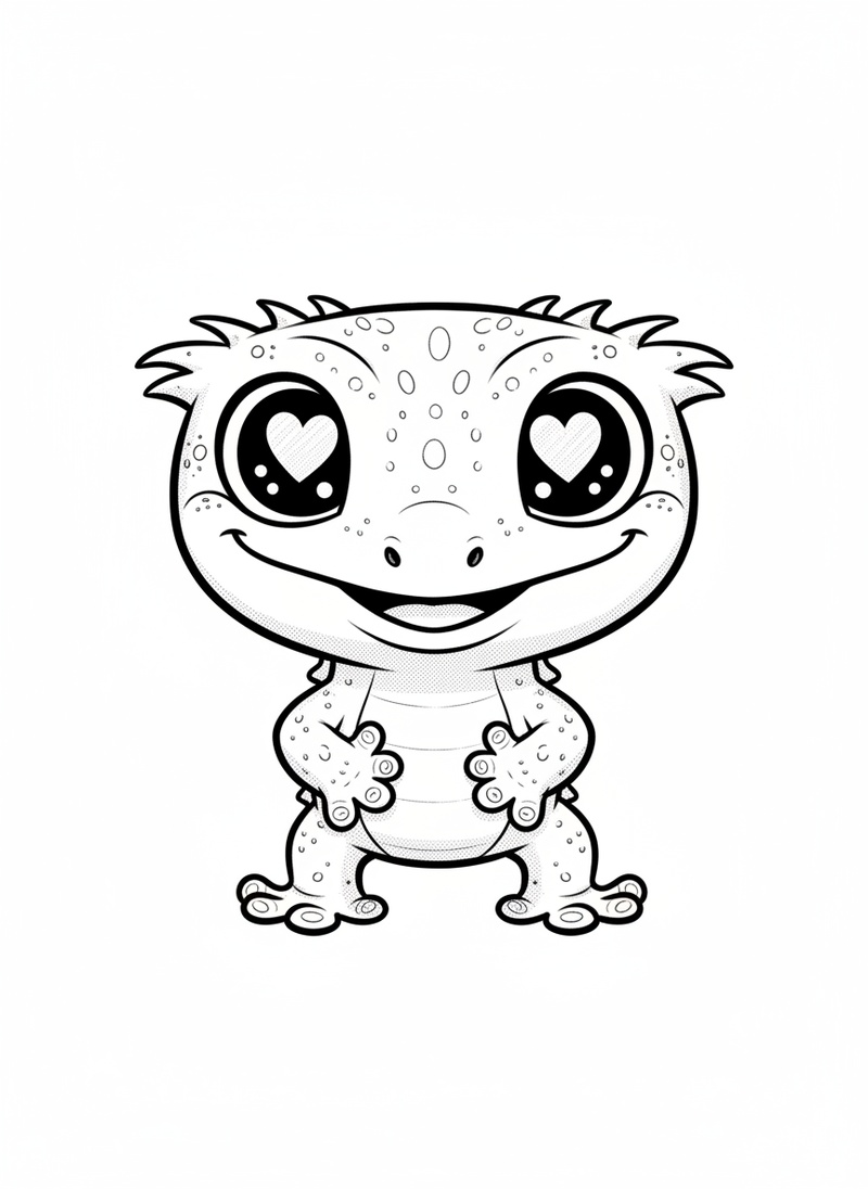 Jasper the Crested Gecko in Kawaii Cute - Black & White Illustration