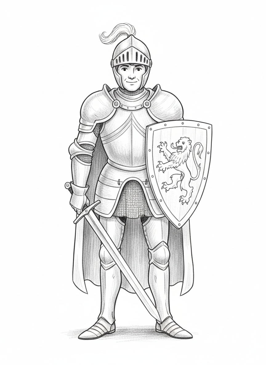 Sir Brave the Noble Knight - Black & White Illustration