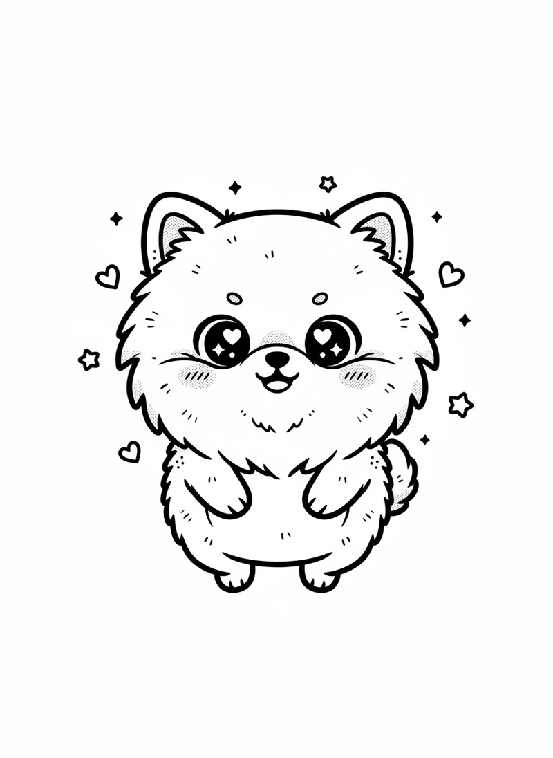 Honey the Sweet Pomeranian in Kawaii Cute - Black & White Illustration