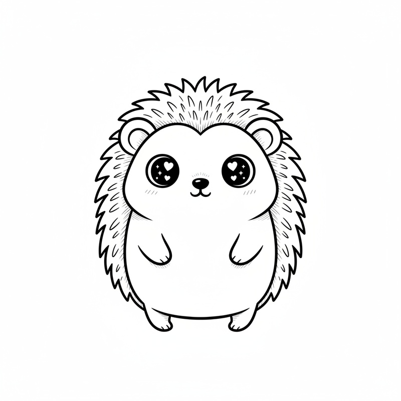 Buttons the Hedgehog in Kawaii Cute - Black & White Illustration