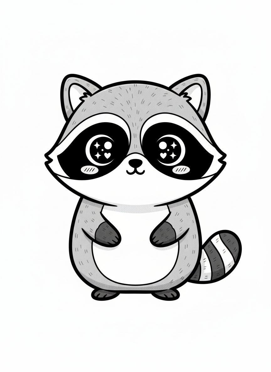 Bandit the Pet Raccoon - Black & White Illustration