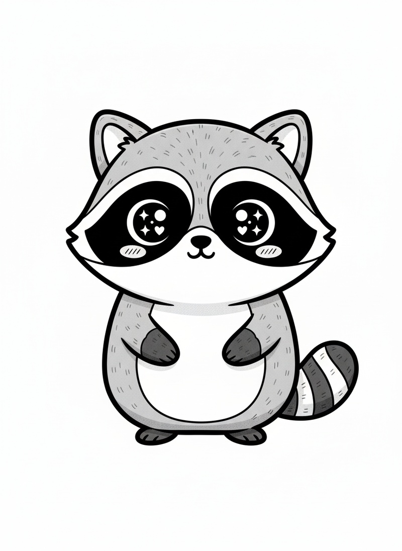 Bandit the Pet Raccoon in Kawaii Cute - Black & White Illustration