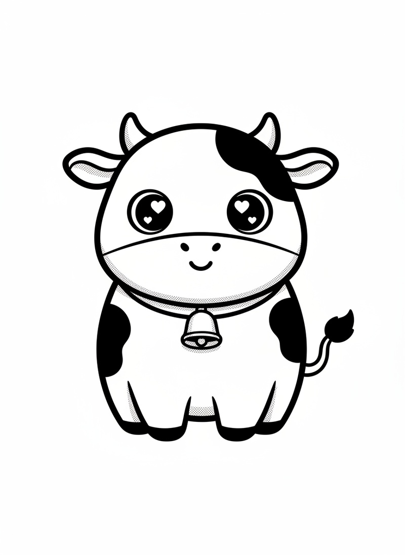 Bessie the Gentle Dairy Cow in Kawaii Cute - Black & White Illustration