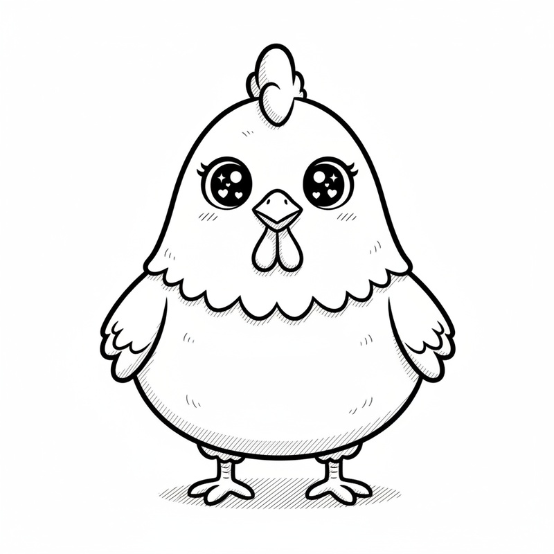 Cluck the Bossy Hen in Kawaii Cute - Black & White Illustration