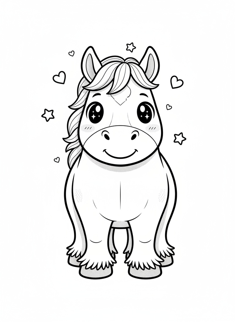 Thunder the Strong Work Horse in Kawaii Cute - Black & White Illustration