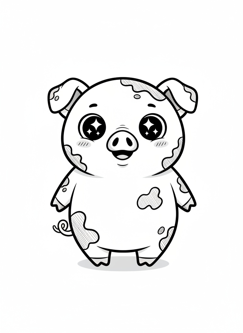 Muddles the Messy Pig in Kawaii Cute - Black & White Illustration