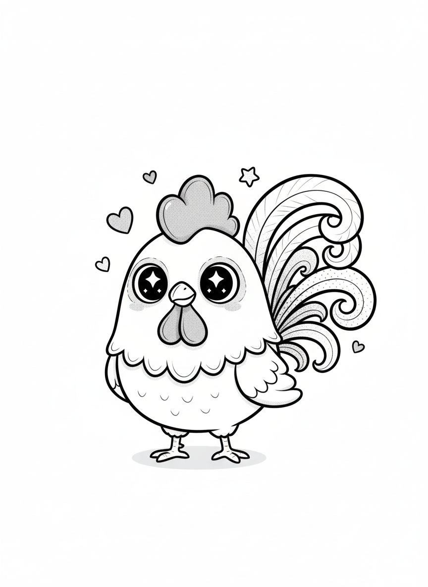 Rooster Red the Proud Cockerel - Black & White Illustration