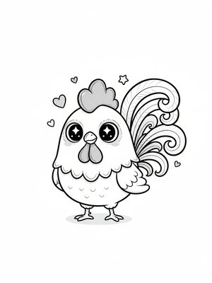 Rooster Red the Proud Cockerel in Kawaii Cute - Black & White Illustration