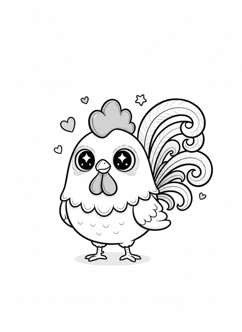 Rooster Red the Proud Cockerel in Kawaii Cute - Black & White Illustration