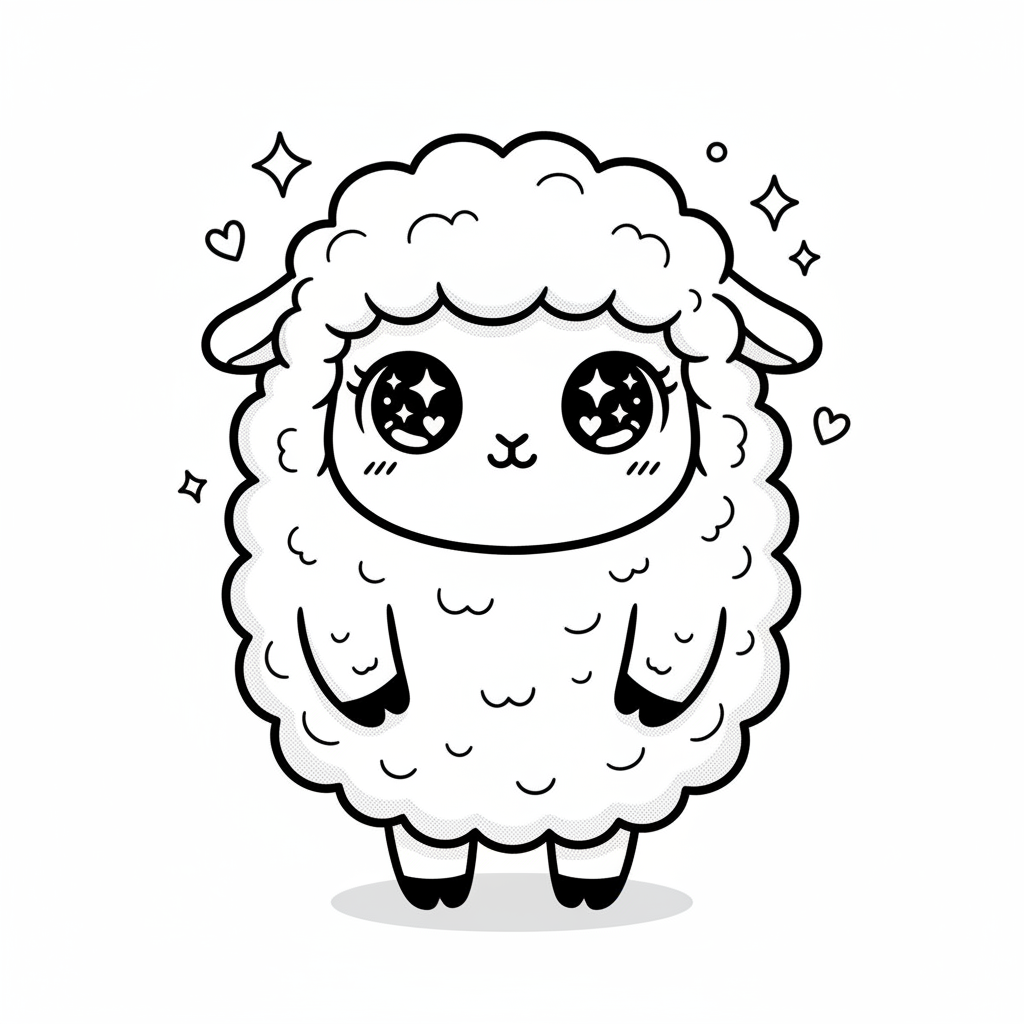 Wooly the Fluffy Sheep - Black & White Illustration