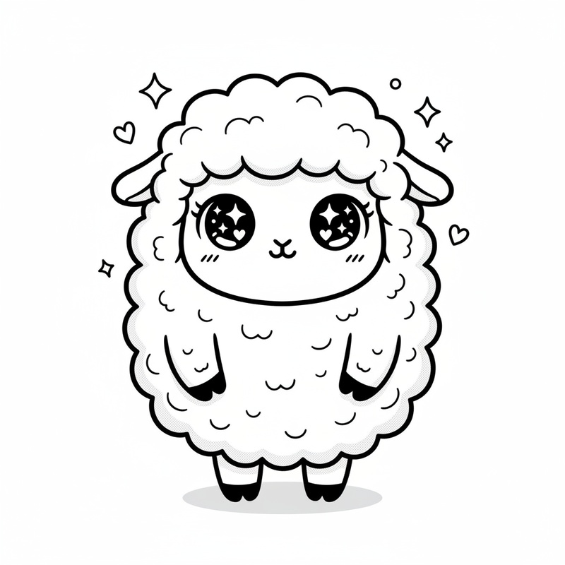 Wooly the Fluffy Sheep in Kawaii Cute - Black & White Illustration