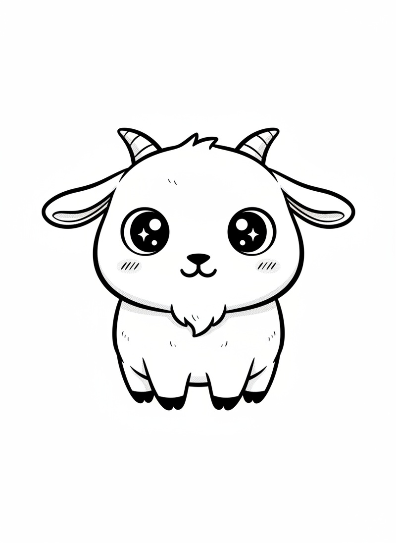 Billy the Stubborn Goat in Kawaii Cute - Black & White Illustration