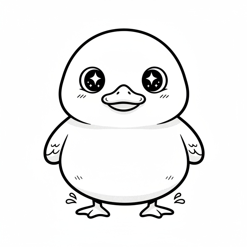 Ducky the Waddling Duck in Kawaii Cute - Black & White Illustration