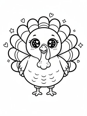 Gobbles the Turkey in Kawaii Cute - Black & White Illustration