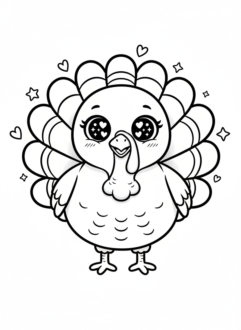 Gobbles the Turkey in Kawaii Cute - Black & White Illustration