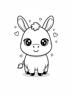 Daisy the Friendly Donkey in Kawaii Cute - Black & White Illustration