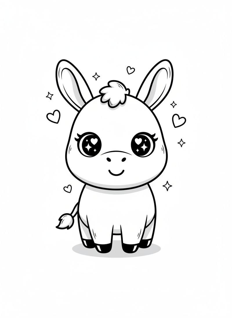Daisy the Friendly Donkey in Kawaii Cute - Black & White Illustration