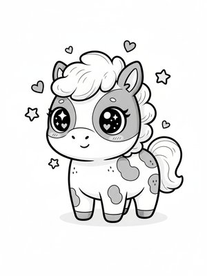 Patches the Spotted Pony in Kawaii Cute - Black & White Illustration
