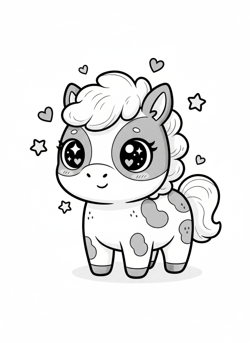 Patches the Spotted Pony in Kawaii Cute - Black & White Illustration