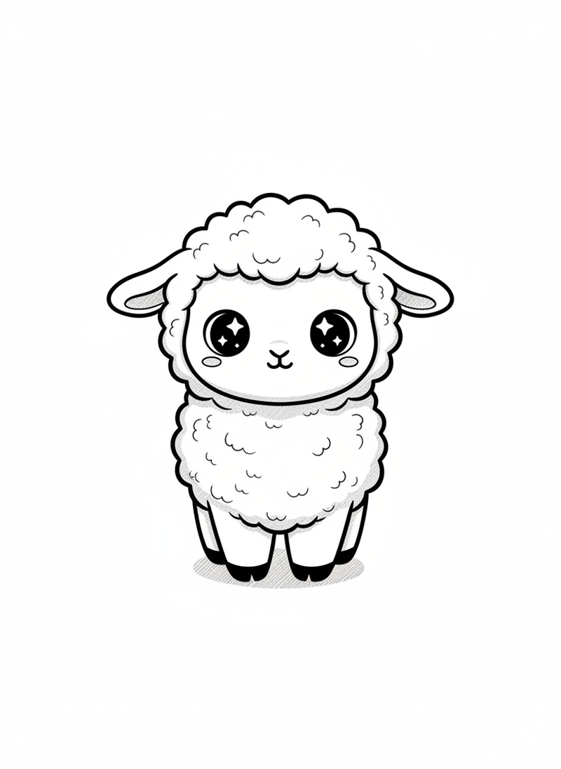Lambchop the Baby Lamb in Kawaii Cute - Black & White Illustration