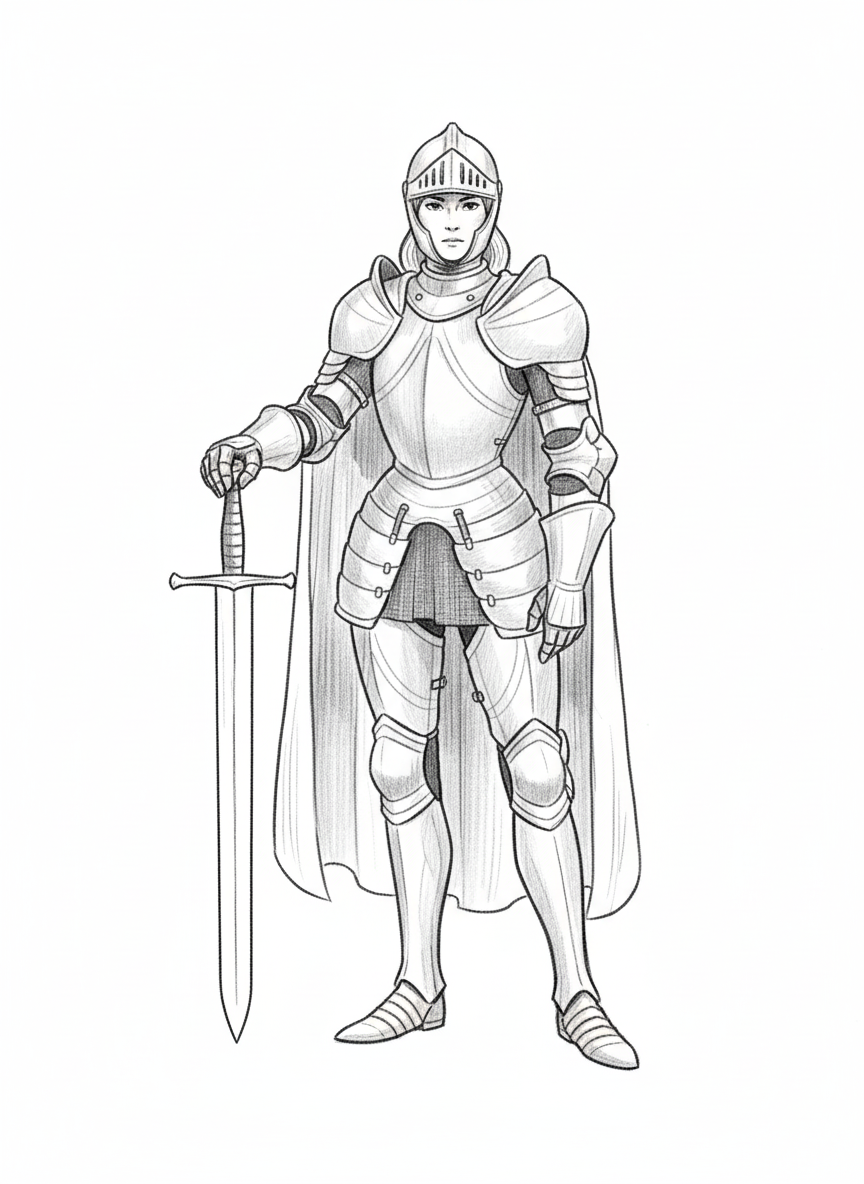 Lady Steel the Female Knight - Black & White Illustration